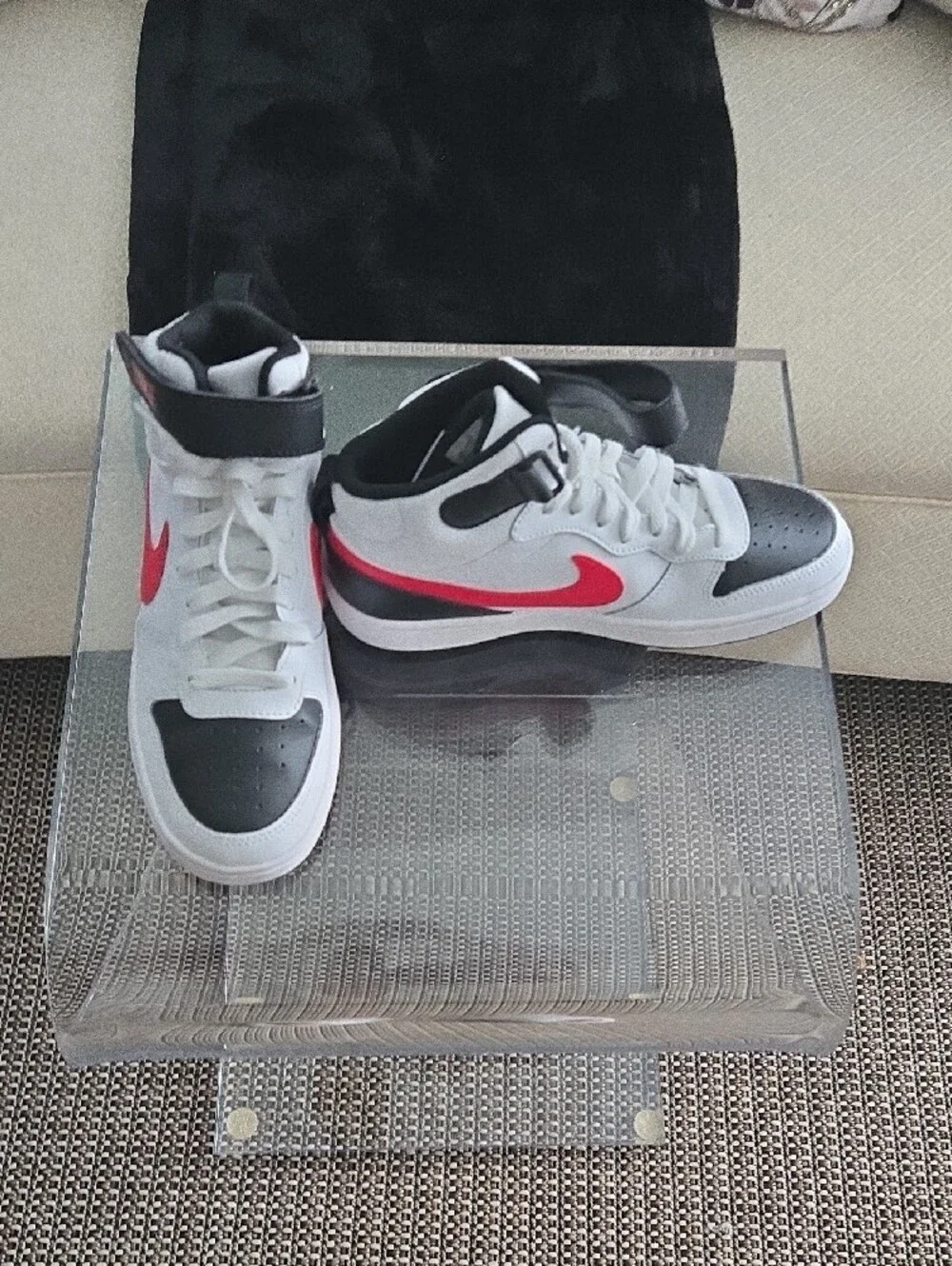 Nike Kids Borough Mid 2 High-Top Sneakers in White, Black & Red